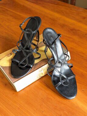 Banana Republic Strappy Heeled Black Leather Sandals Size 9 Vintage Y2K